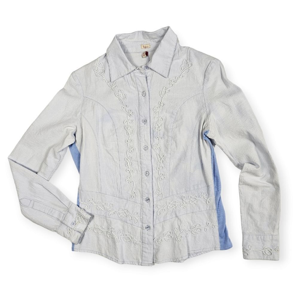 Reba Blue Denim Embroidered‎ Button Down Collar Long Sleeve Top Women's Size S